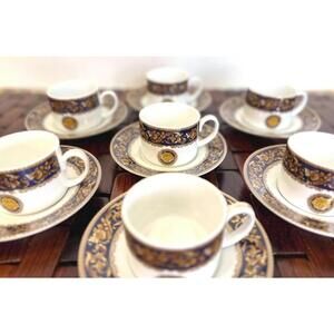 Set of 7 Casa Elite Cobalt Gold Demitasse Cup & Saucer Porcelain Italy